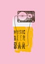 Music Beer Bar typographical vintage grunge style poster design with glass silhouette and audio cassette. Vector illustration.